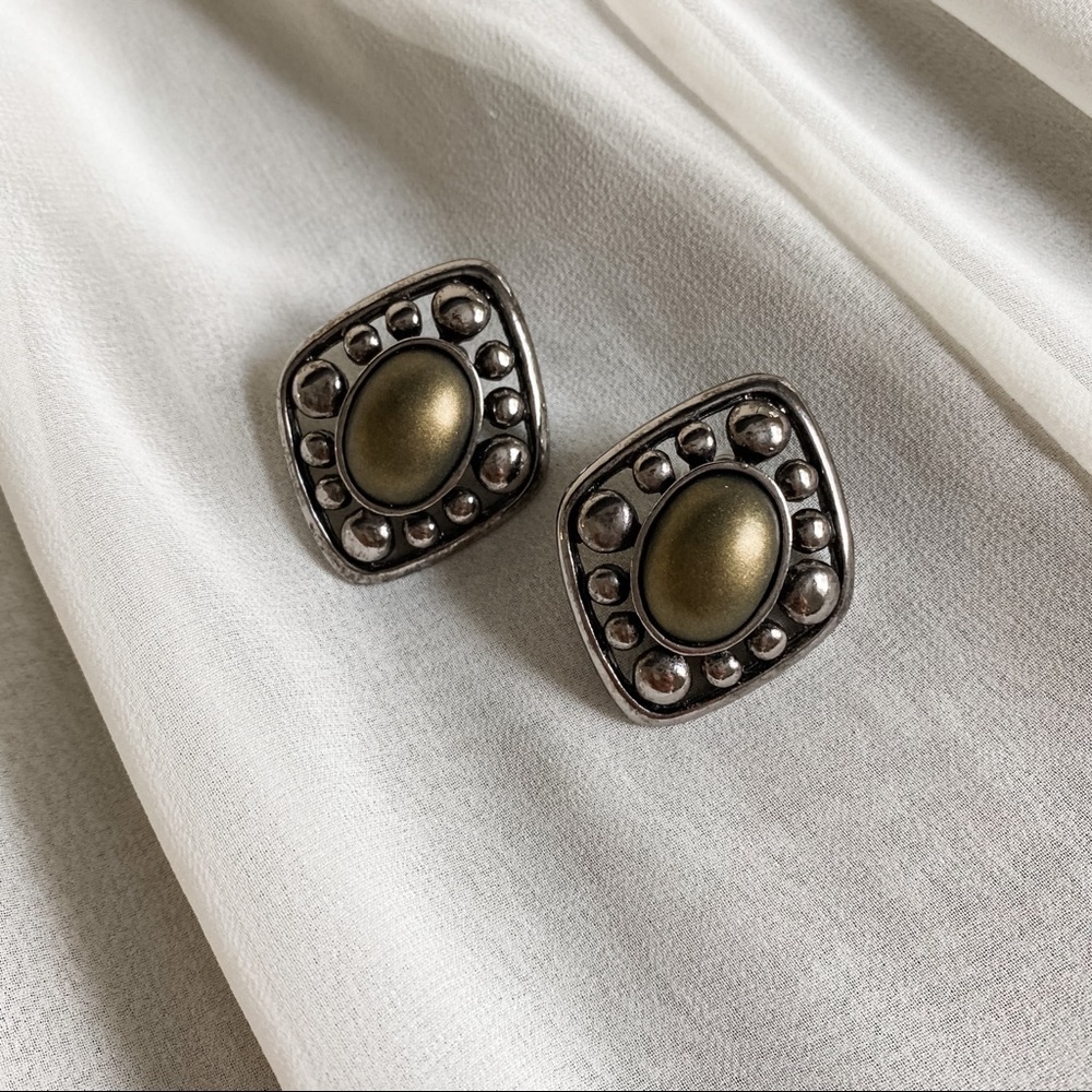 Vintage Olive Green and Silver Square Dome Earrings